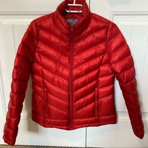 Red puffer jacket